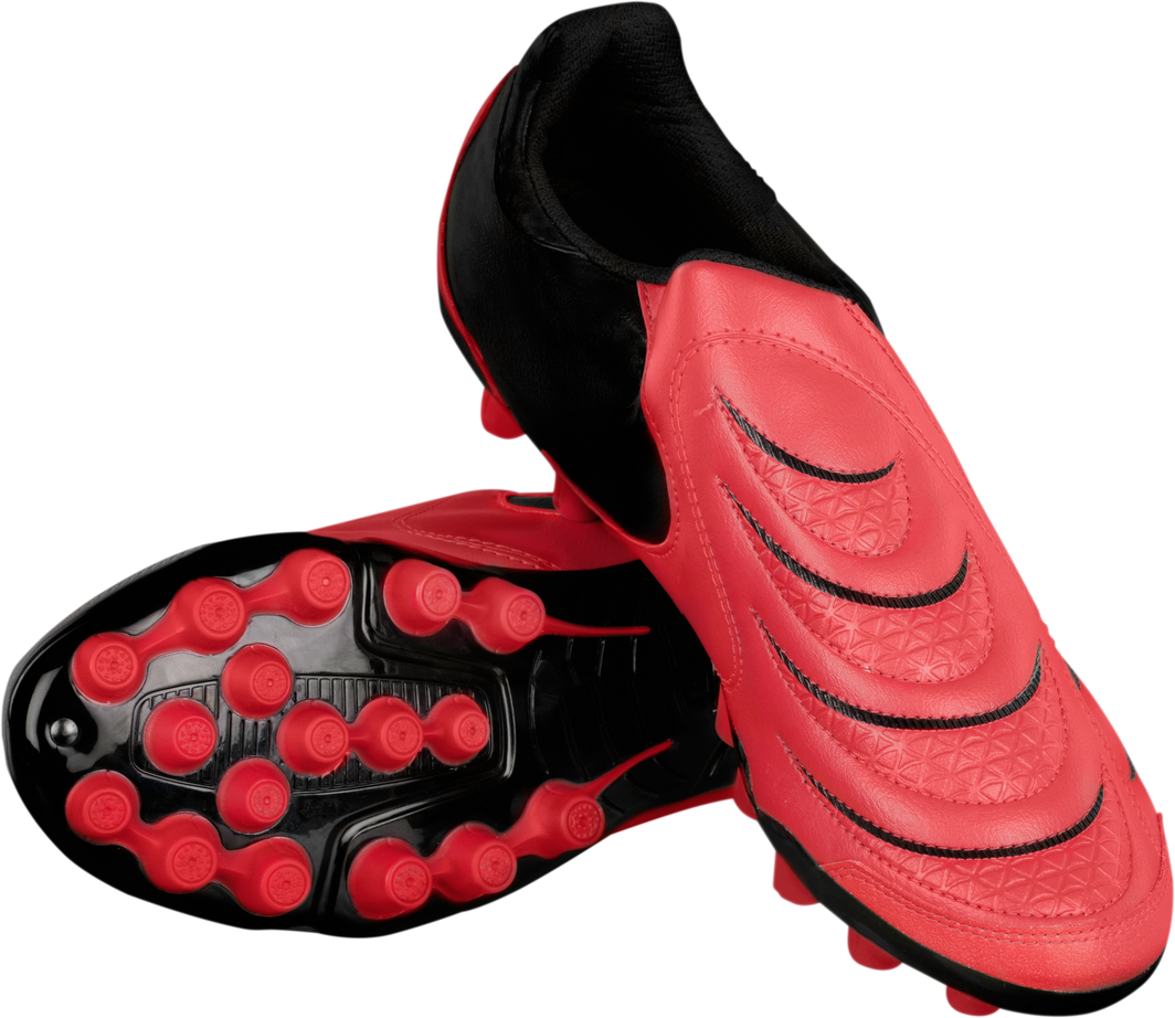 a pair of red soccer shoes on a white background